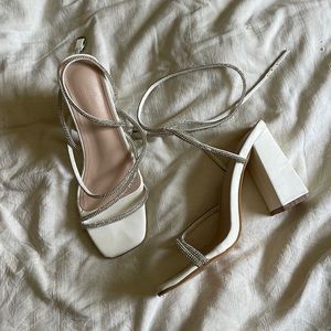 White lace up sparkle heels